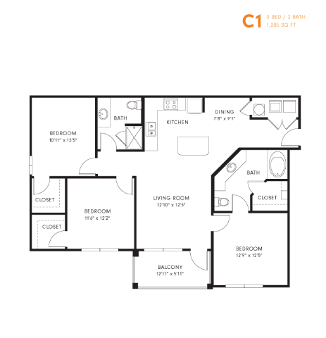 A floor plan of a one-bedroom apartment with a living room, kitchen, and three bedrooms.